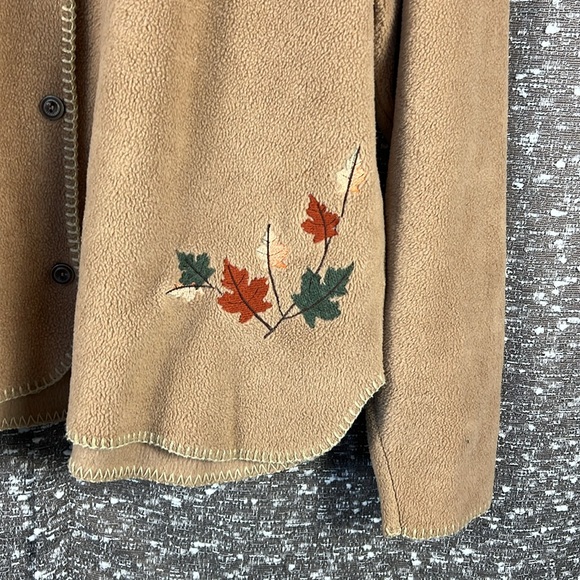 Attraction Fleece Embroidered Leaves Fall Button Up Light Jacket - Picture 6 of 8
